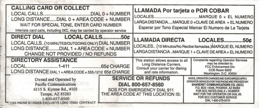 Pacific Communications - bottom instruction card Pacific Communications - bottom instruction card
